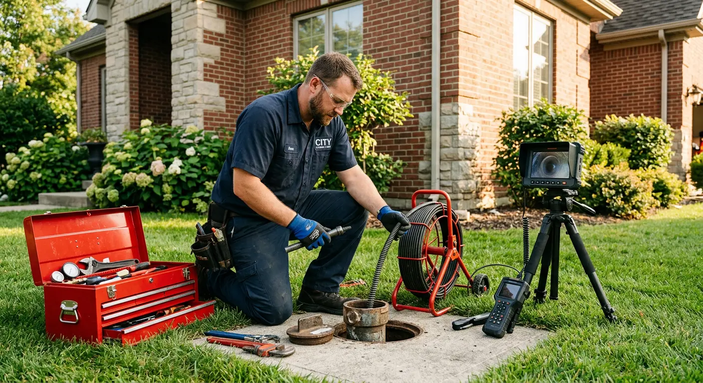 Sewer specialist with camera equipment servicing a cleanout in Shiloh