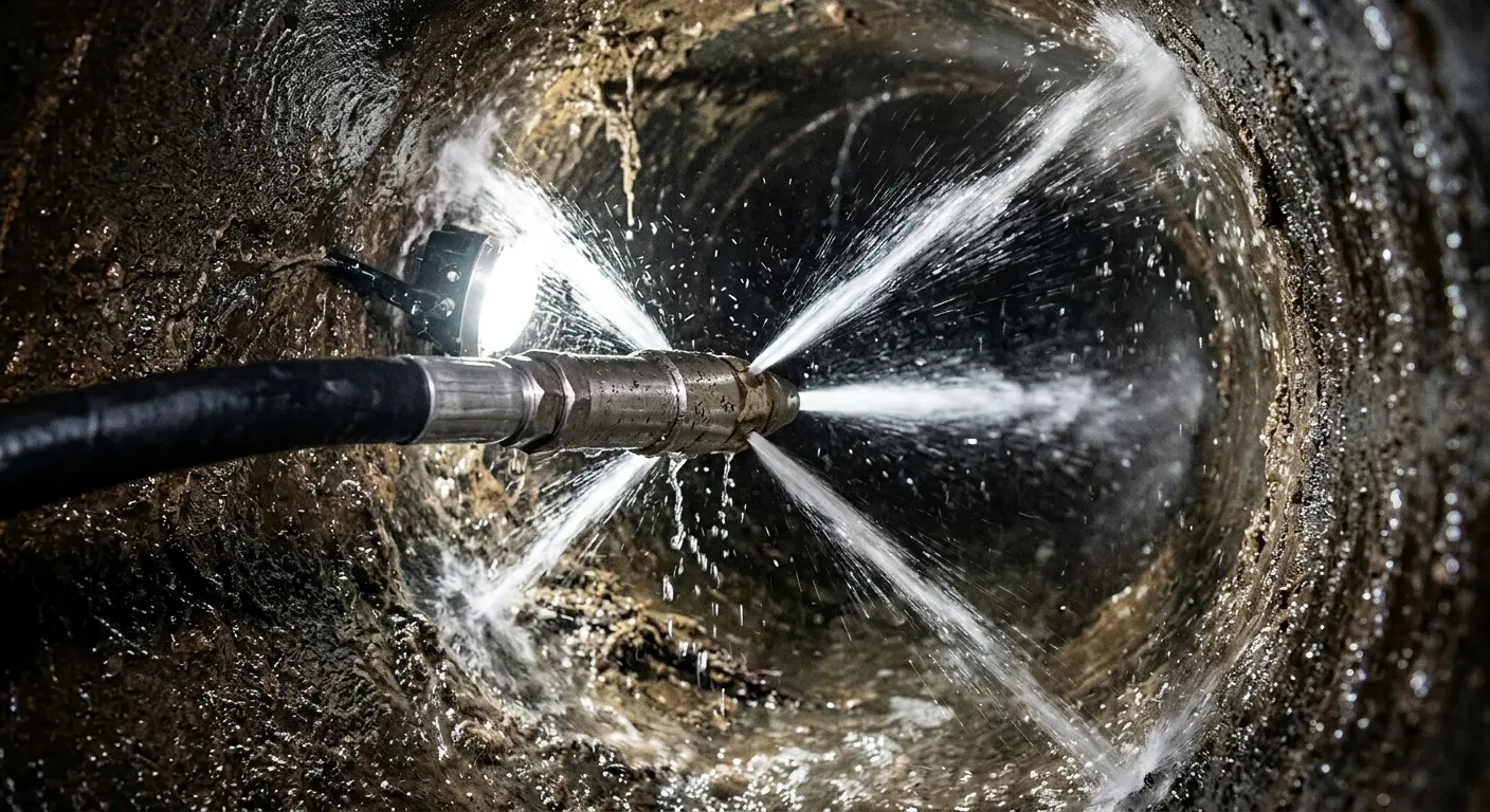 High-pressure hydro jetting nozzle cleaning sewer pipe for Trenchless Sewer Repair in Shiloh