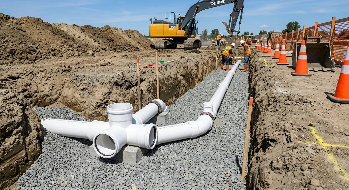 New PVC sewer pipe installation in open trench for Commercial Drain Cleaning in Shiloh