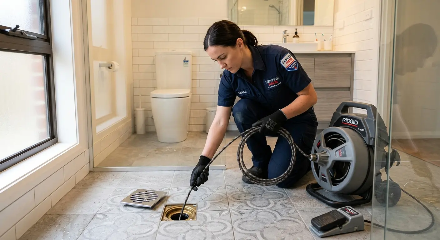 Technician clearing a bathroom floor drain for Clogged Drain Repair in Shiloh